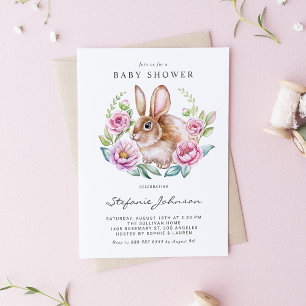 Invitation Carte Postale Baby Shower Lapin Aquarelle et Fleurs Roses