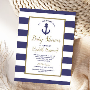 Invitation Carte Postale Baby Shower Marin Thème Garçon Bleu Marine Rayé