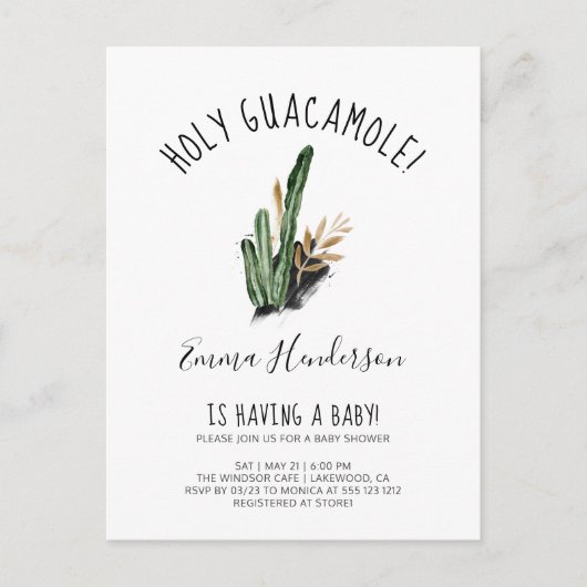 Invitation Carte Postale Baby Shower mexicain Holy Guacamole Cactus (Devant)
