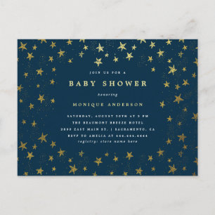 Invitation Carte Postale Baby shower moderne Midnight Blue & Gold Stars