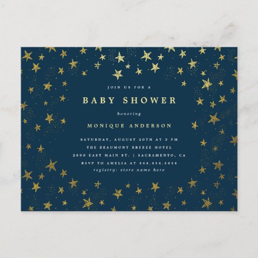 Invitation Carte Postale Baby shower moderne Midnight Blue & Gold Stars (Devant)