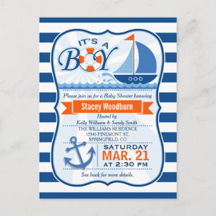 Invitation Carte Postale Baby shower nautique bleu et orange