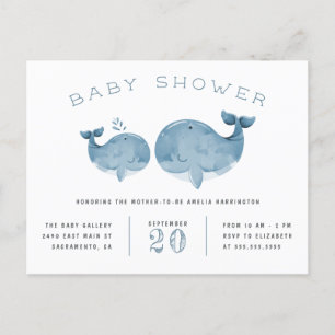 Invitation Carte Postale Baby shower nautique de baleines bleu