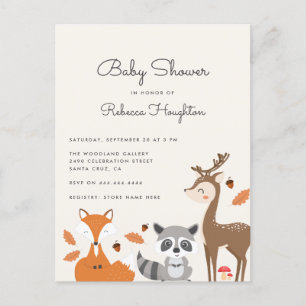 Invitation Carte Postale Baby shower neutre d'animaux de région boisée de