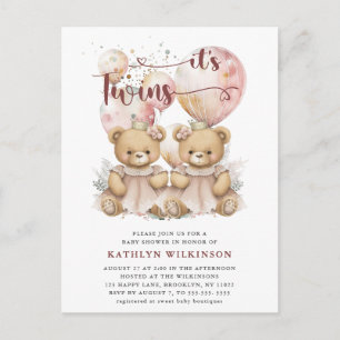 Invitation Carte Postale BABY SHOWER Nounours DES Ballons roses DOUCES