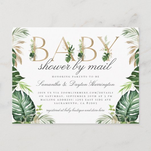 Invitation Carte Postale Baby shower Or Tropical Moderne Par Courrier (Devant)