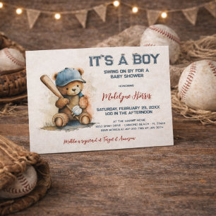 Invitation Carte Postale Baby shower ours en peluche baseball aquarelle gar