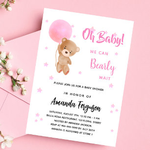 Invitation Carte Postale Baby shower ours en peluche fille ballon rose