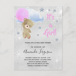 Invitation Carte Postale Baby shower ours en peluche fille rose argent