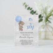 Invitation Carte Postale Baby shower ourson garçon bleu argent (Debout devant)