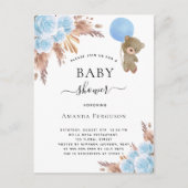 Invitation Carte Postale Baby shower pampas herbe ours en peluche bleu (Devant)