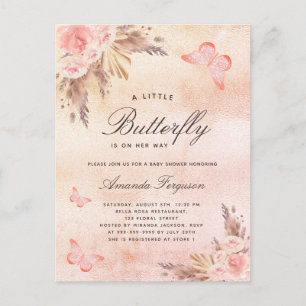 Invitation Carte Postale Baby shower papillon blush pampas herbe rose or