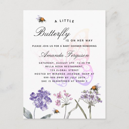 Invitation Carte Postale Baby shower papillon fleur sauvage violet rose fil (Devant)