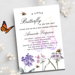 Invitation Carte Postale Baby shower papillon fleur sauvage violet rose fil