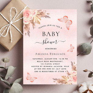 Invitation Carte Postale Baby shower papillon pampas herbe flush florales