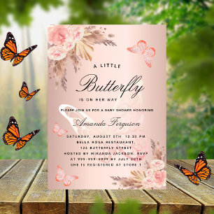 Invitation Carte Postale Baby shower papillon rose fille pampas herbe