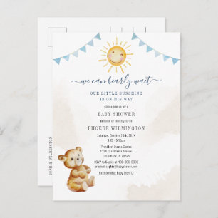 Invitation Carte Postale Baby shower pour garçons d'ours et de soleil