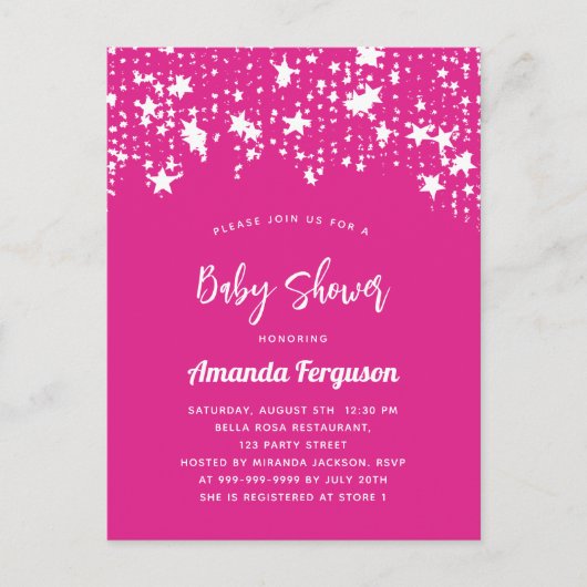 Invitation Carte Postale Baby shower rose chaud étoile blanche fille (Devant)
