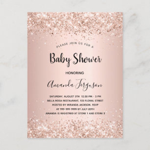Invitation Carte Postale Baby shower rose or parties scintillant métal fill