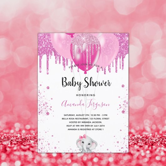 Invitation Carte Postale Baby shower rose parties scintillant ballon élépha