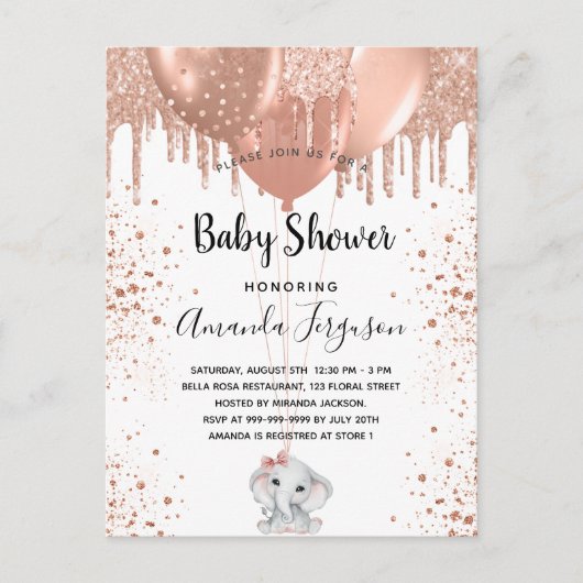 Invitation Carte Postale Baby shower rose parties scintillant d'or éléphant (Devant)
