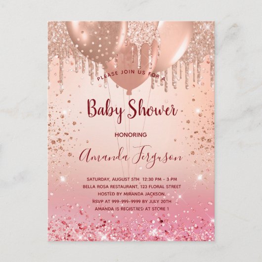 Invitation Carte Postale Baby shower rose rose rose or parties scintillant (Devant)