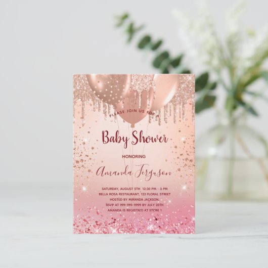 Invitation Carte Postale Baby shower rose rose rose or parties scintillant (Debout devant)
