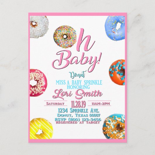 Invitation Carte Postale Baby shower Sprinkle Donuts Girl (Devant)