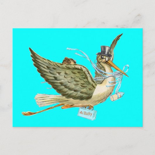 Invitation Carte Postale BABY SHOWER STORK, turquase (Devant)
