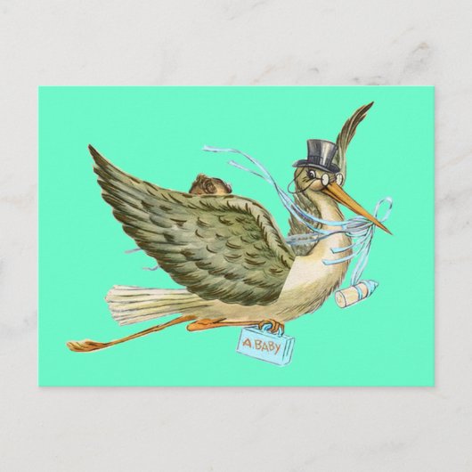 Invitation Carte Postale BABY SHOWER STORK, turquase (Devant)