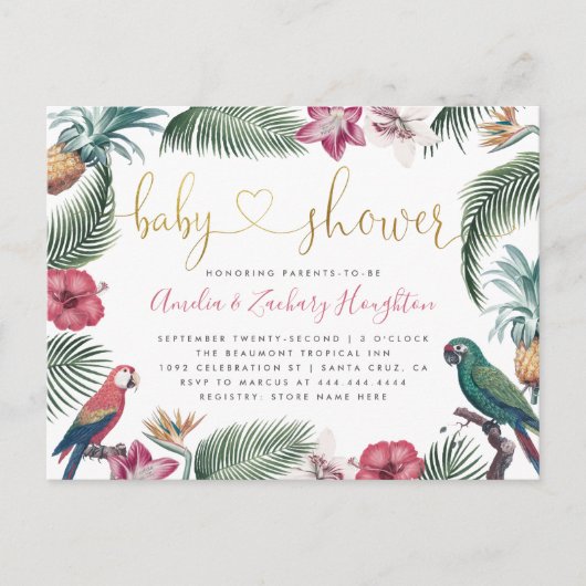 Invitation Carte Postale Baby shower Tropiques de script manuscrit or (Devant)