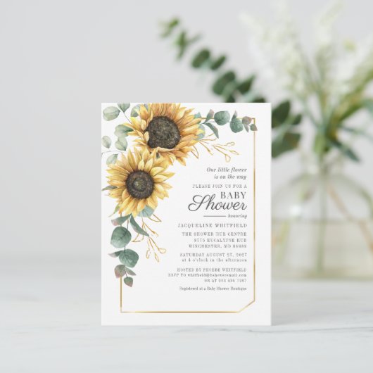 Invitation Carte Postale Baby shower vert de tournesol floral Eucalyptus (Debout devant)