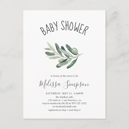Invitation Carte Postale Baby shower vert d'olive (Devant)
