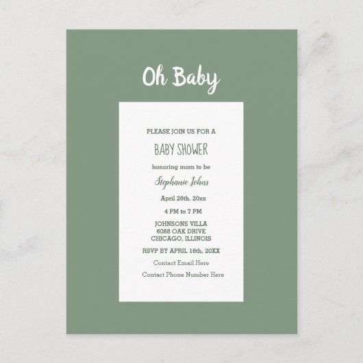 Invitation Carte Postale Baby shower Vert Sage Élégant Simple Garçon Fille (Devant)