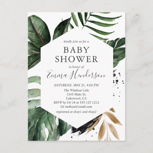 Invitation Carte Postale Baby shower vert tropical moderne (Devant)
