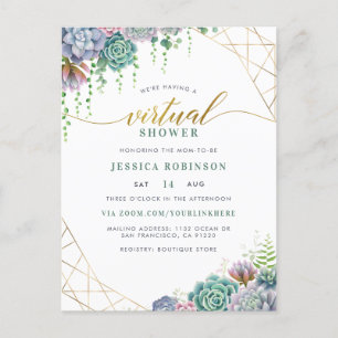 Invitation Carte Postale Baby shower virtuel Succulents et chic Gold Script