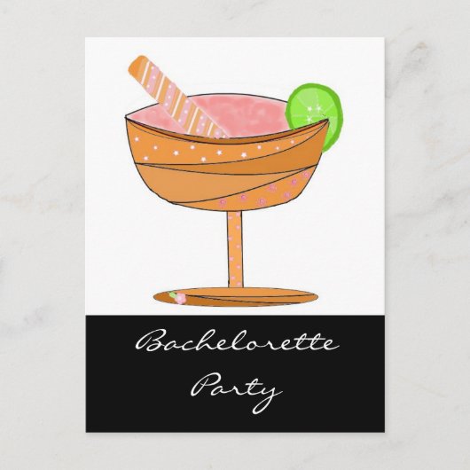 Invitation Carte Postale Bachelorette avec boisson rose fantaisie (Devant)