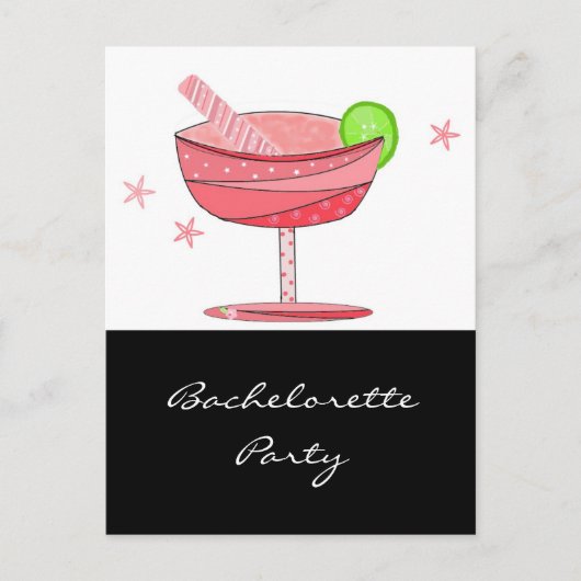 Invitation Carte Postale Bachelorette avec boisson rose fantaisie (Devant)