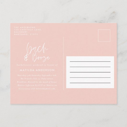 Invitation Carte Postale bachelorette rose bach & alcool week-end chic (Dos)