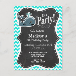 Invitation Carte Postale Baleine mignonne sur Turquoise, Aqua Color Chevron