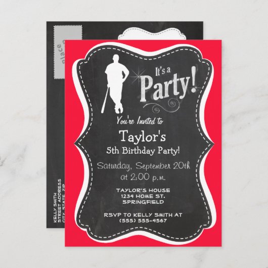 Invitation Carte Postale Balle Rouge Scarlet; softball (Devant / Derrière)