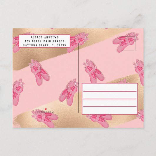 Invitation Carte Postale Ballerina en or rose de filles Brushstrokies Anniv (Dos)