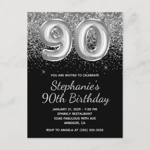 Invitation Carte Postale Ballo n noir pailleté argent étincelant 90e annive