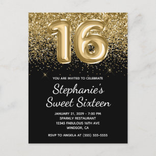 Invitation Carte Postale Ballon Noir Paillettes Or Brillantes Sweet Seize A