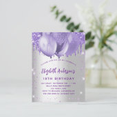 Invitation Carte Postale Ballons à parties scintillant d'argent violet d'an (Debout devant)