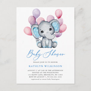 Invitation Carte Postale Ballons bleu petit éléphant Script Baby shower mig