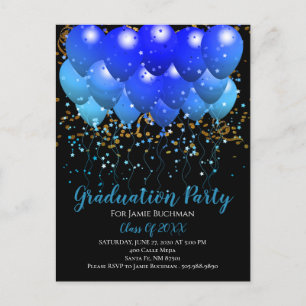 Invitation Carte Postale Ballons Bleus Bleus Gold Confetti Noir
