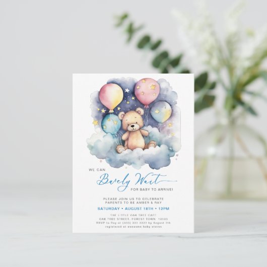 Invitation Carte Postale Ballons Bleus Nous Pouvons Attendre Baby shower Ga (Debout devant)