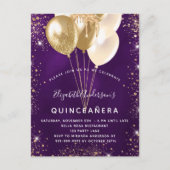 Invitation Carte Postale Ballons de parties scintillant en or violet Quince (Devant)