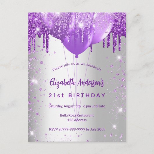 Invitation Carte Postale Ballons de parties scintillant violet argent d'ann (Devant)
